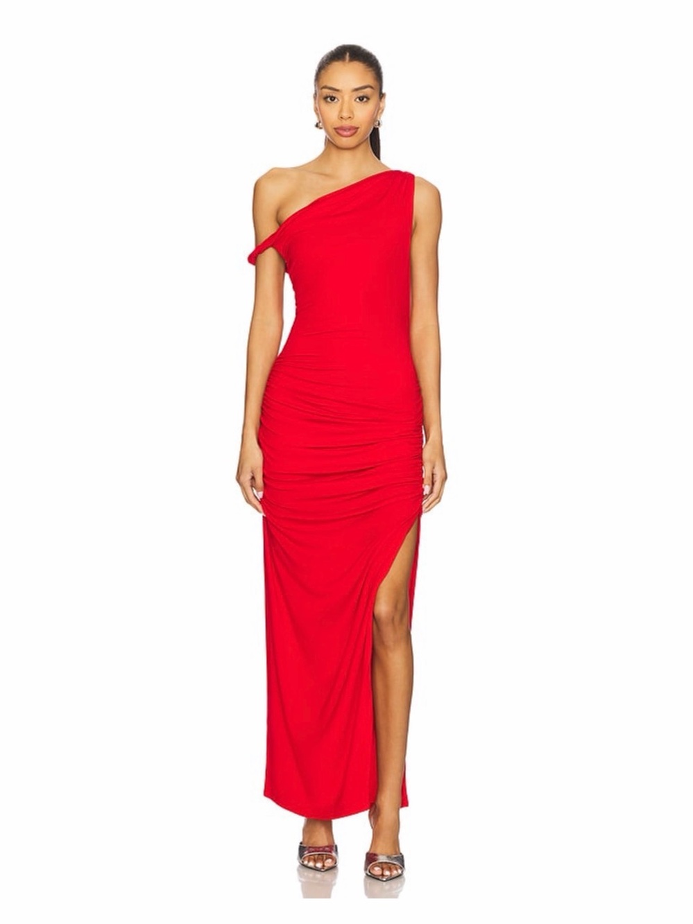 Revolve Red One-Shoulder Ruched Maxi Dress